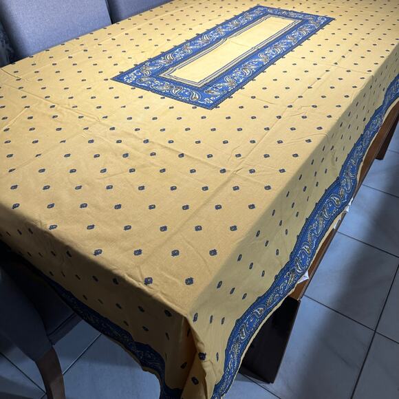 Vintage JCPenney Tablecloth Yellow Blue Block Print Rectangle French Country - Picture 4 of 12